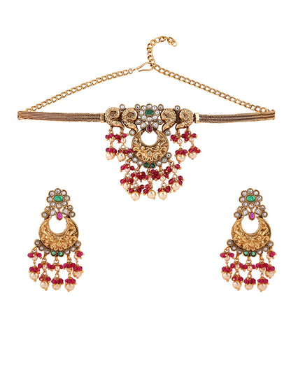 Floral Chandbali style Temple Pattern Gold Plated with Earrings Jewellery Set