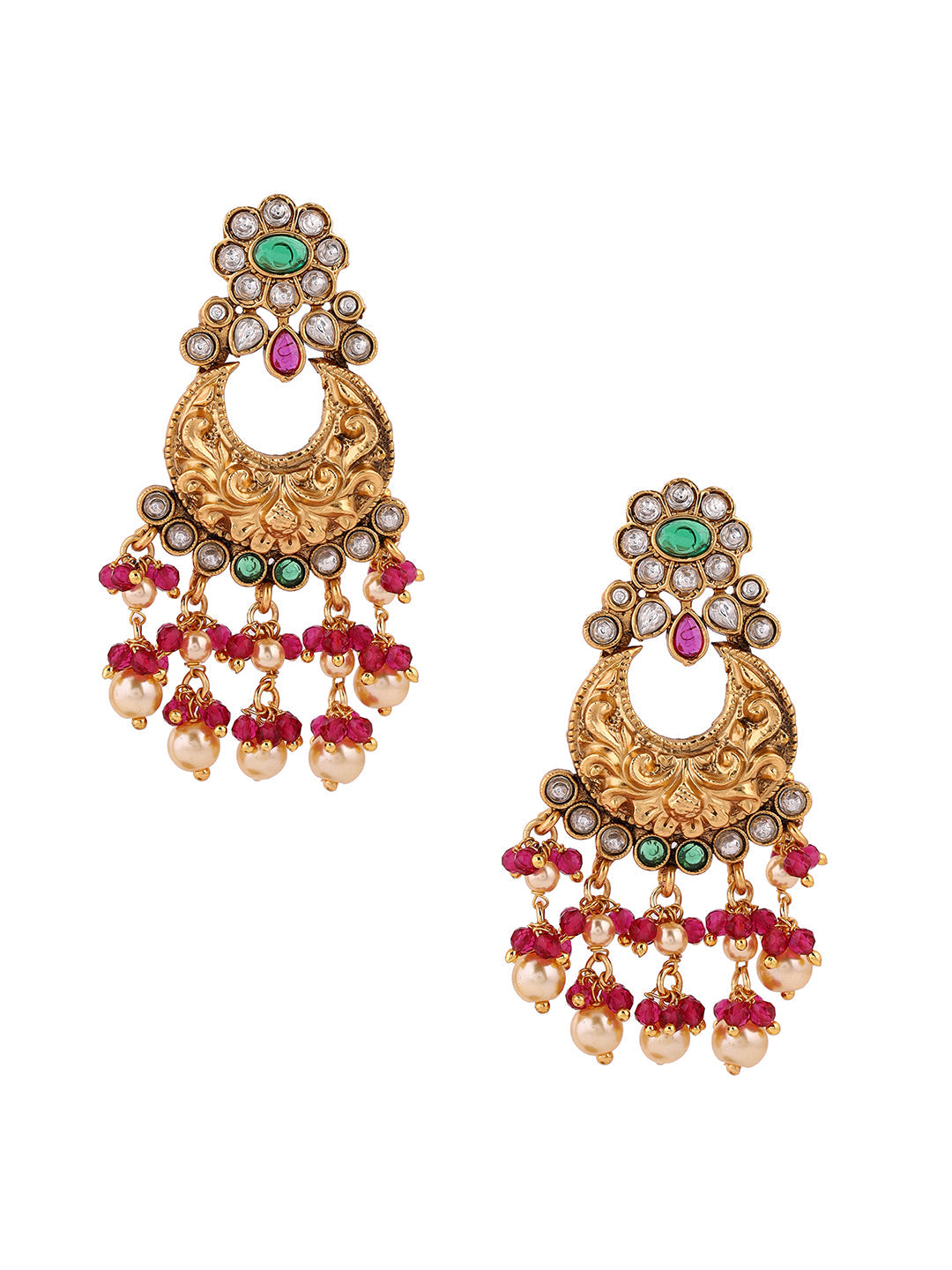 Floral Chandbali style Temple Pattern Gold Plated with Earrings Jewellery Set