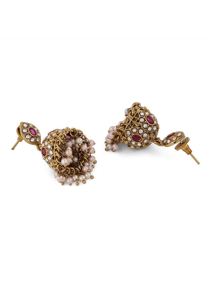 Floral Ruby Pearl Fancy Gold Plated Necklace with Drop Earrings Jewellery Set