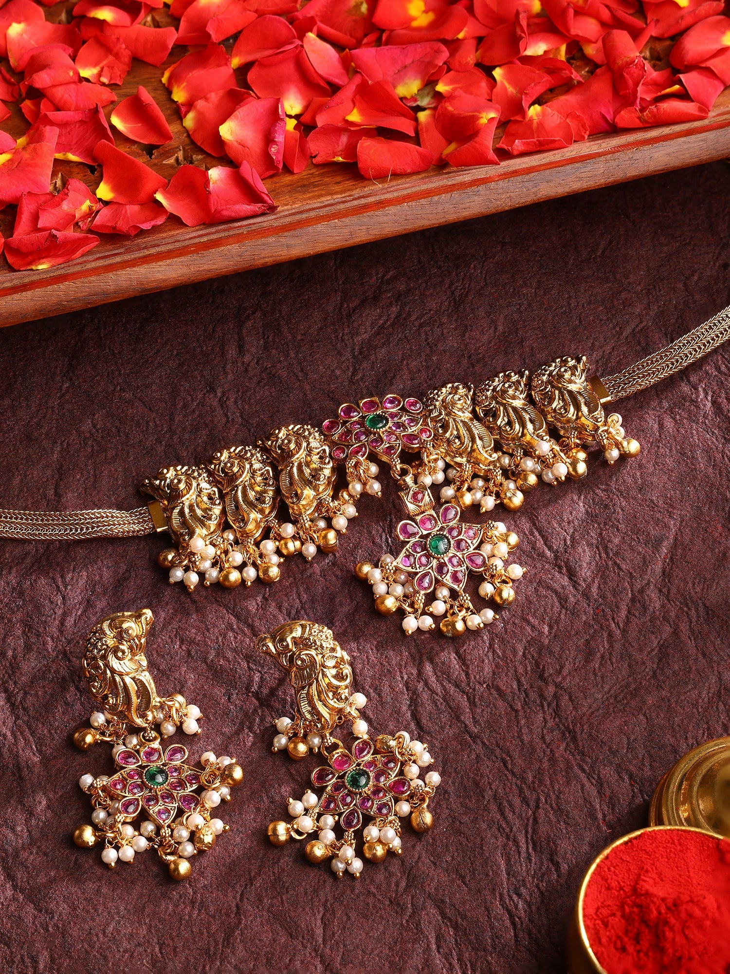 Twin Peacocks Floral Elegance Attigai Choker Necklace with Drop Earrings Jewellery Set