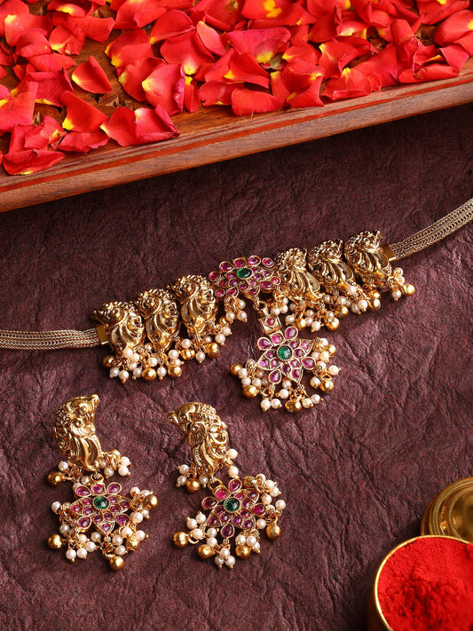 Twin Peacocks Floral Elegance Attigai Choker Necklace with Drop Earrings Jewellery Set