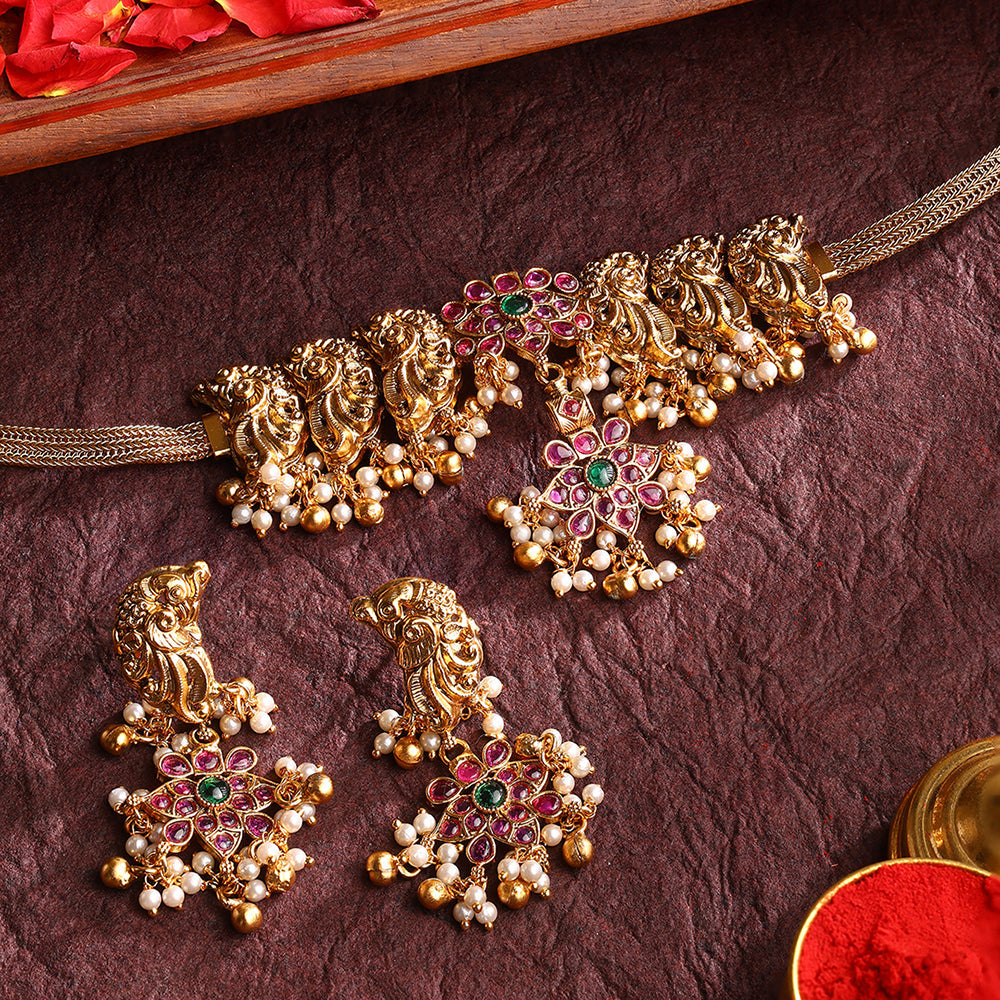 Twin Peacocks Floral Elegance Attigai Choker Necklace with Drop Earrings Jewellery Set
