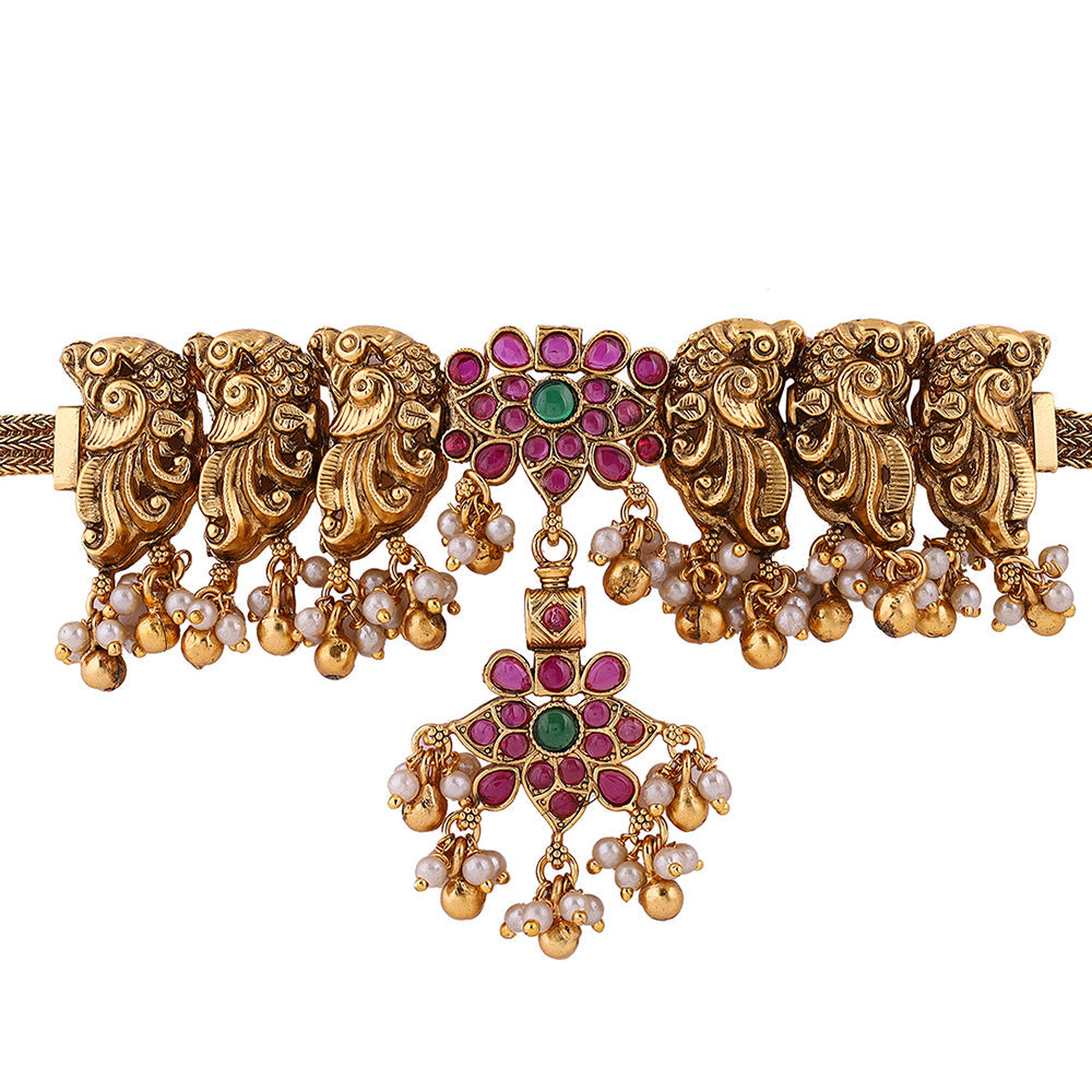 Twin Peacocks Floral Elegance Attigai Choker Necklace with Drop Earrings Jewellery Set