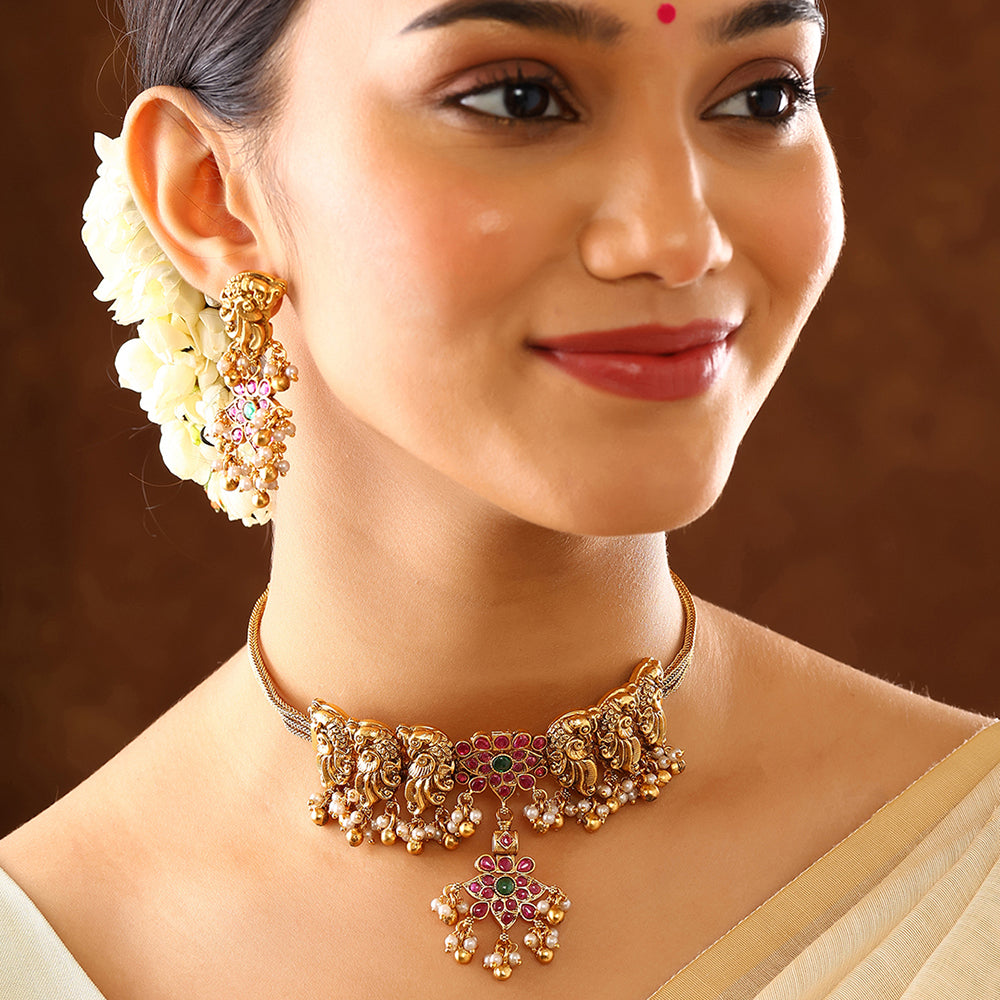 Twin Peacocks Floral Elegance Attigai Choker Necklace with Drop Earrings Jewellery Set
