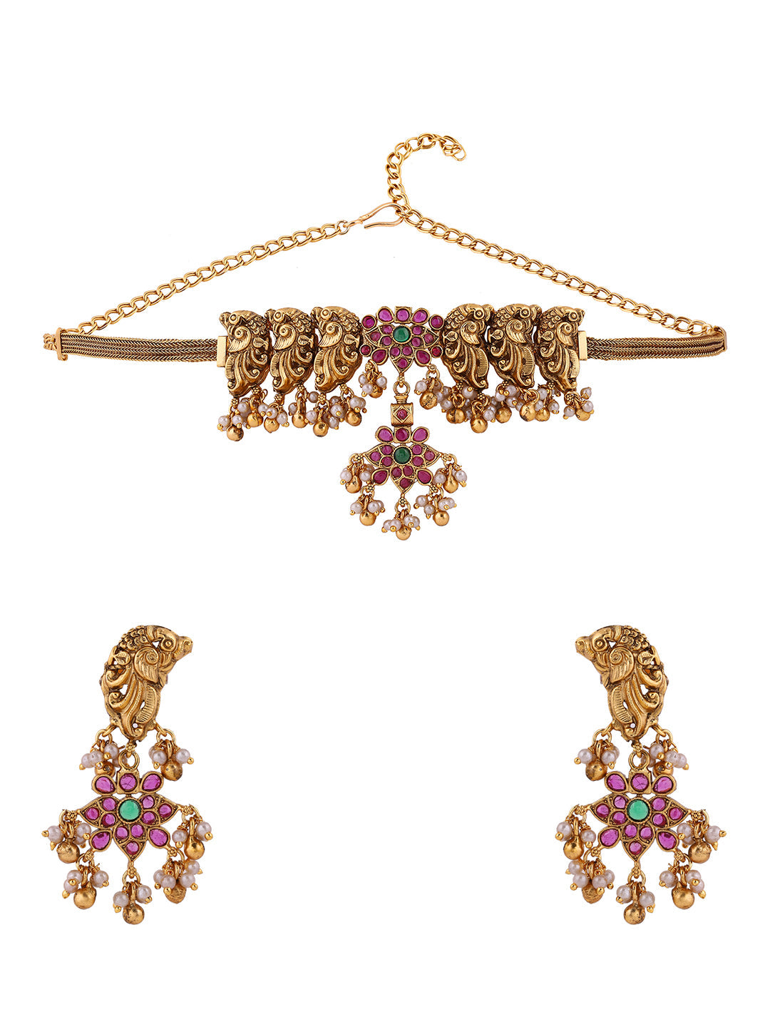 Twin Peacocks Floral Elegance Attigai Choker Necklace with Drop Earrings Jewellery Set