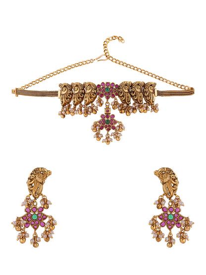 Twin Peacocks Floral Elegance Attigai Choker Necklace with Drop Earrings Jewellery Set