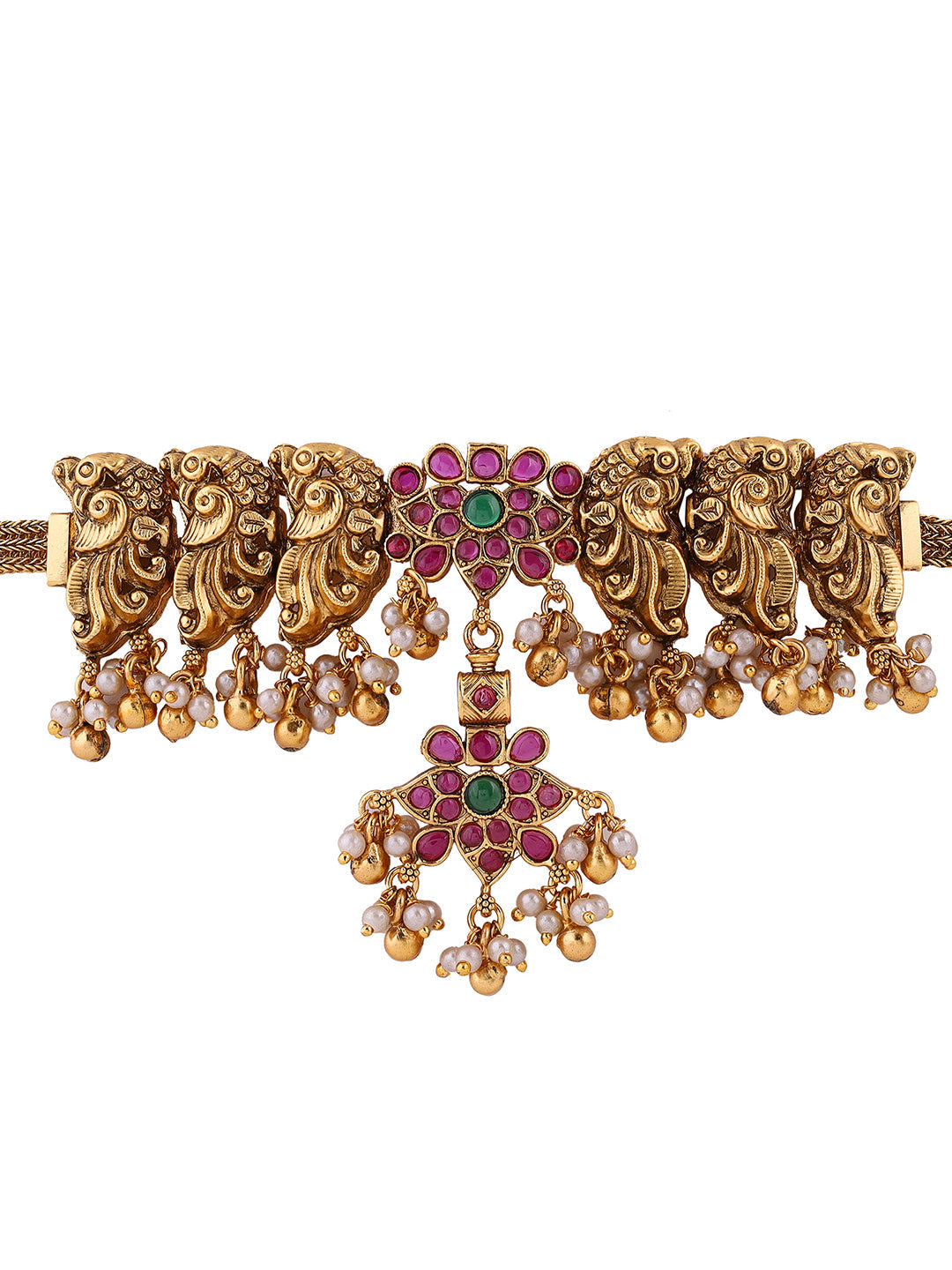 Twin Peacocks Floral Elegance Attigai Choker Necklace with Drop Earrings Jewellery Set