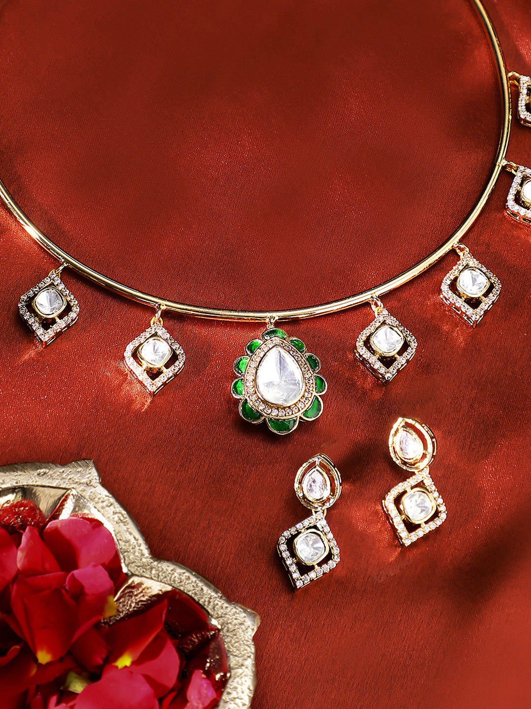 Floral Elegance Polki Style Gold Plated Choker Necklace Mini Drop Earrings Jewellery Set