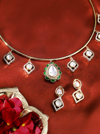Floral Elegance Polki Style Gold Plated Choker Necklace Mini Drop Earrings Jewellery Set