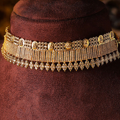 Gold Plated Statement Lakshmi Pattern Chocker Necklace Jhumkis Jewellery Set
