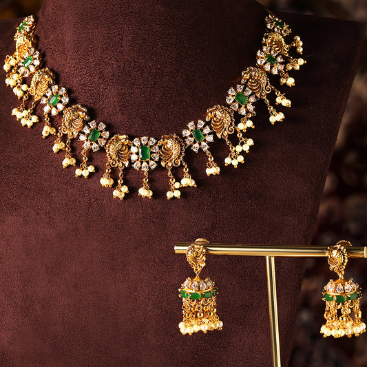 Fish Elegance Floral Pattern Gold Plated Green Stoned Necklace Jhumkis Jewellery Set