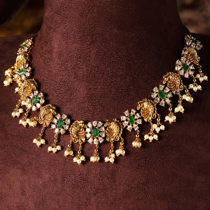 Fish Elegance Floral Pattern Gold Plated Green Stoned Necklace Jhumkis Jewellery Set