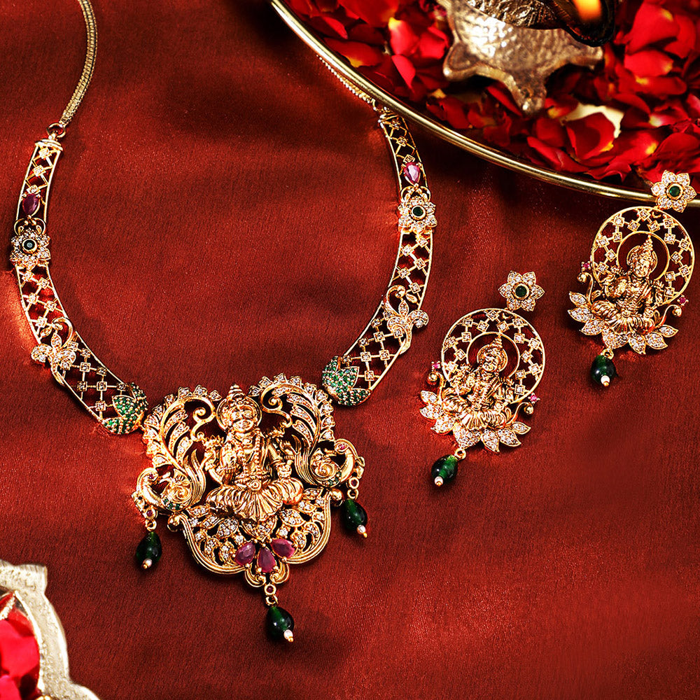 Green Beads Goddess Pattern Gold Plated Necklace Drop Earrings Jewellery Set