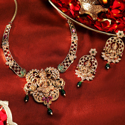 Green Beads Goddess Pattern Gold Plated Necklace Drop Earrings Jewellery Set