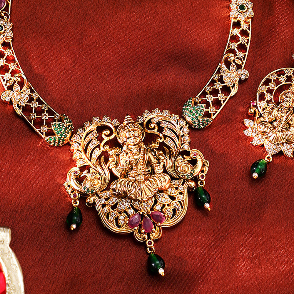 Green Beads Goddess Pattern Gold Plated Necklace Drop Earrings Jewellery Set