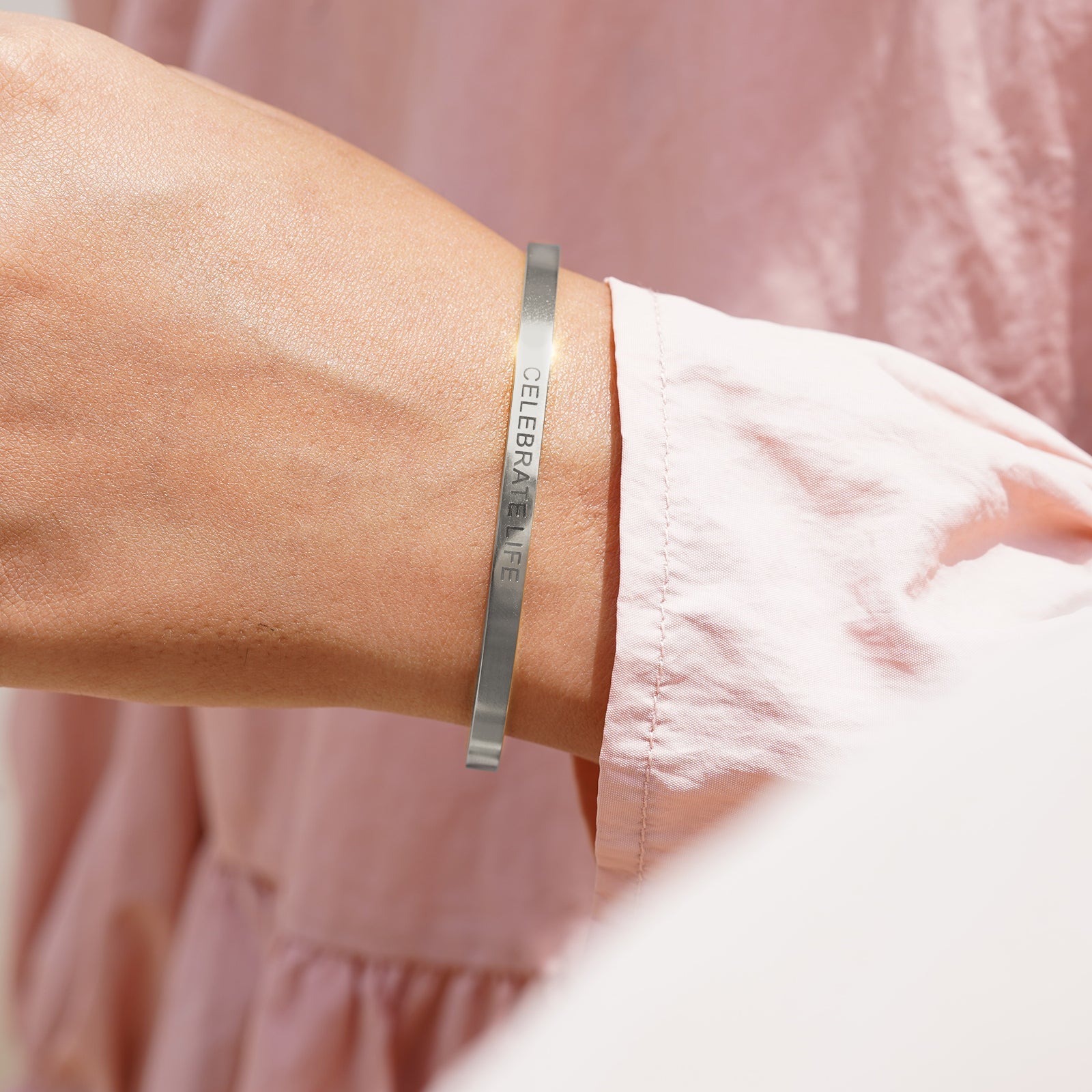 Celebrate Life Silver Cuff Mantra Band
