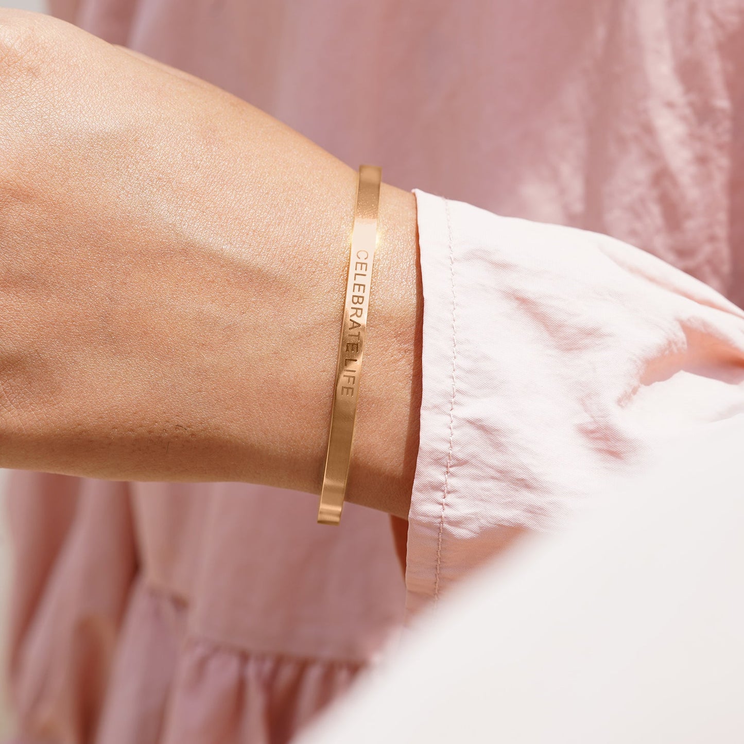Celebrate Life Rose Gold Cuff Mantra Band