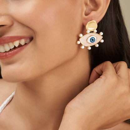 Nazaa Evil Eye White and Gold Earrings