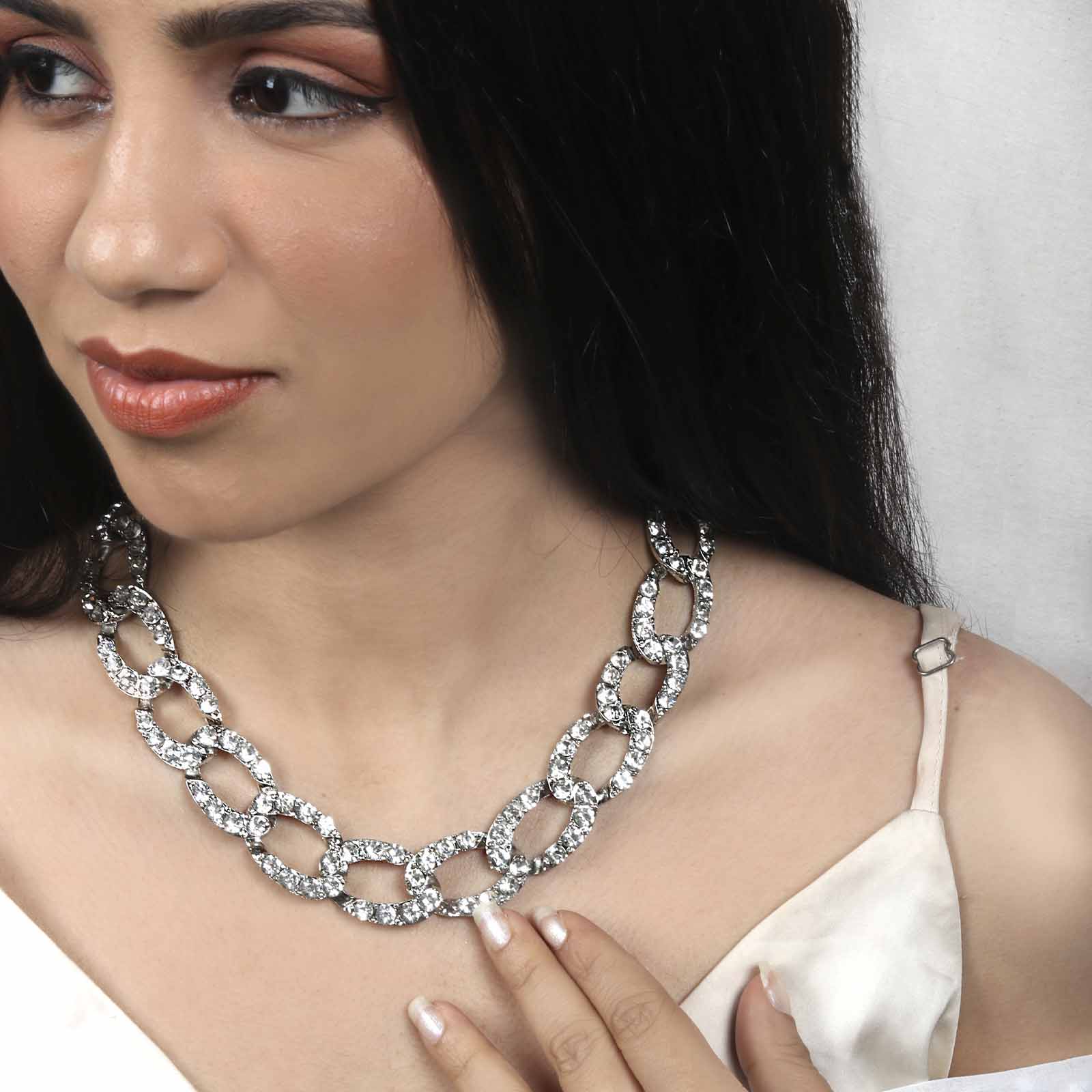 Michele Silver Rhinestone Studded Choker Necklace