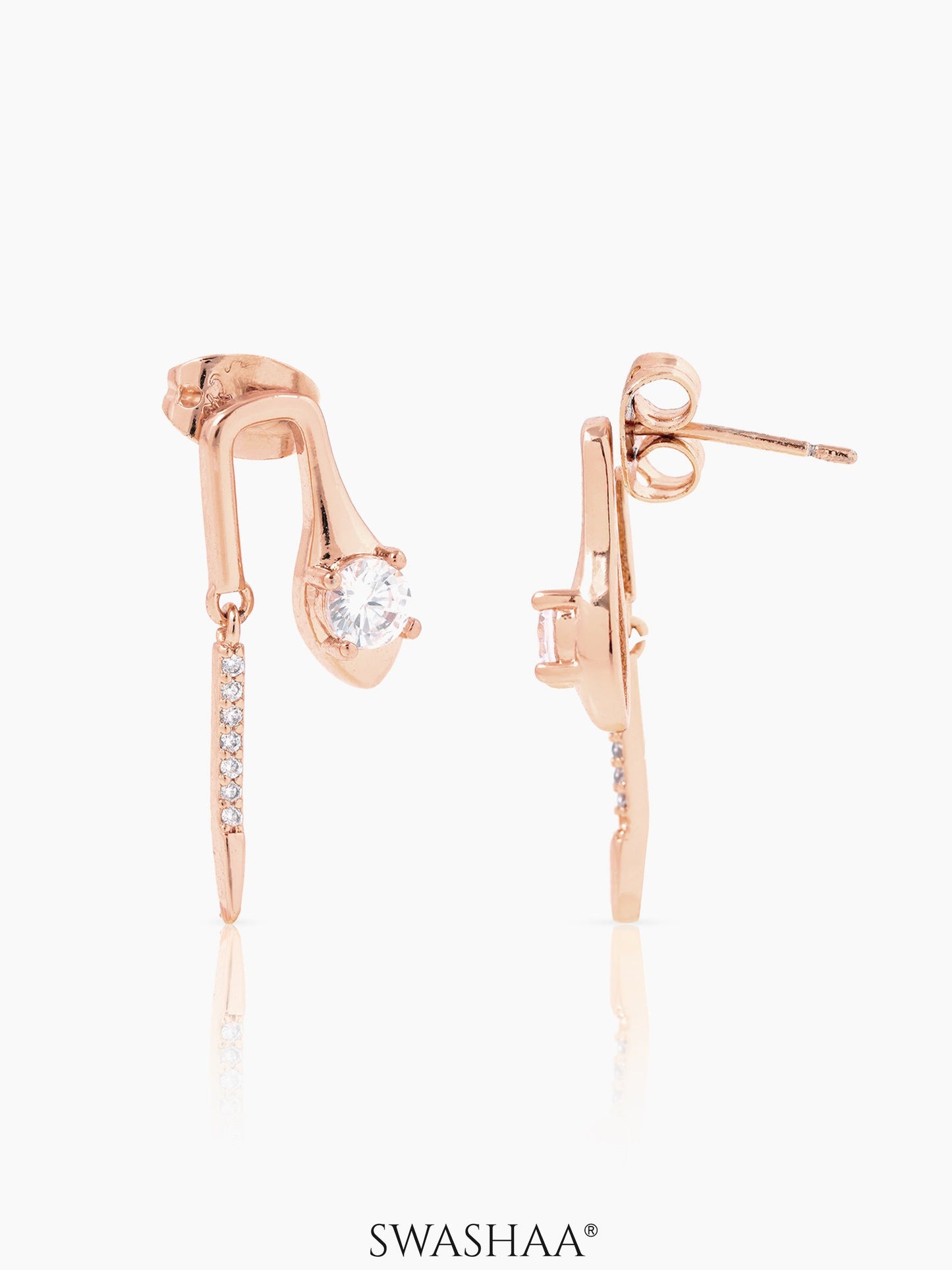 Juluis Sleek Curve Solitaire And Fine Pave Stick Rosegold Plated Drop Earrings