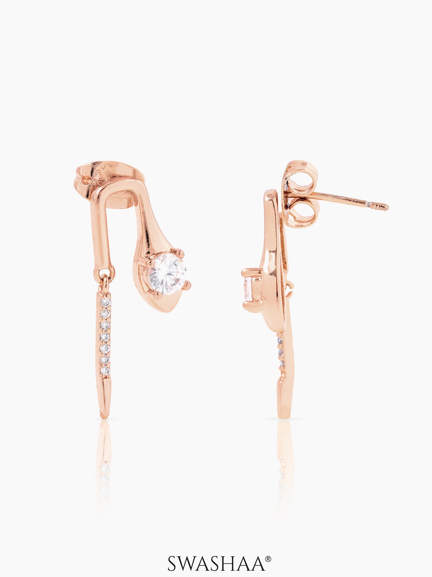 Juluis Sleek Curve Solitaire And Fine Pave Stick Rosegold Plated Drop Earrings