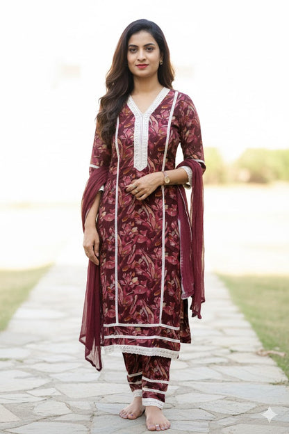 Maroon Floral Print Salwar Suit With Lace Detailing For Women & Girls