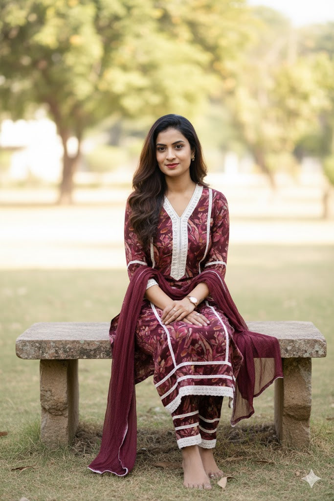 Maroon Floral Print Salwar Suit With Lace Detailing For Women & Girls