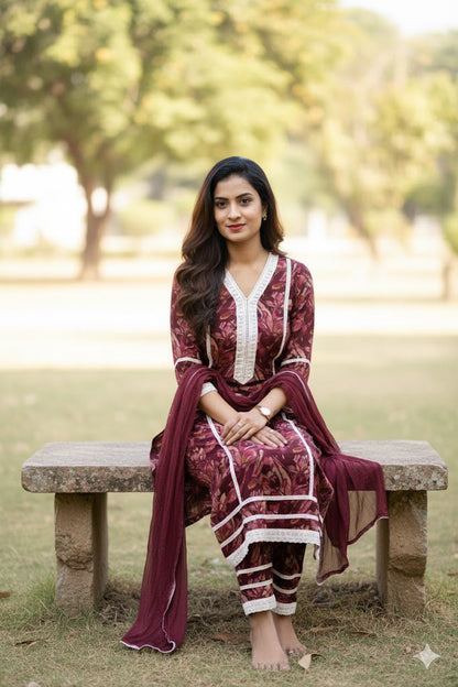 Maroon Floral Print Salwar Suit With Lace Detailing For Women & Girls