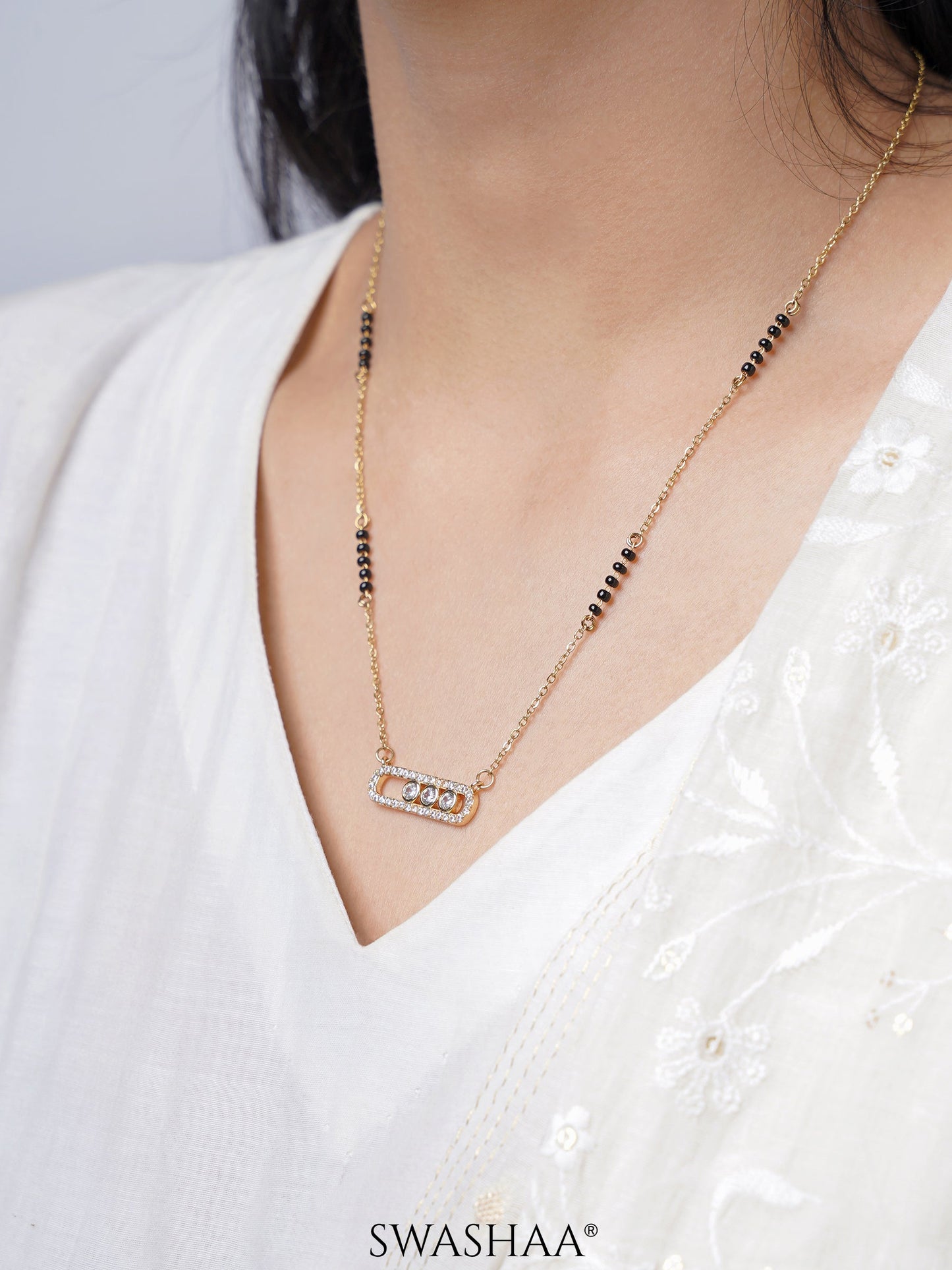 Kaela Geometric Diamond Oval Frame 14K Gold Plated Mangalsutra