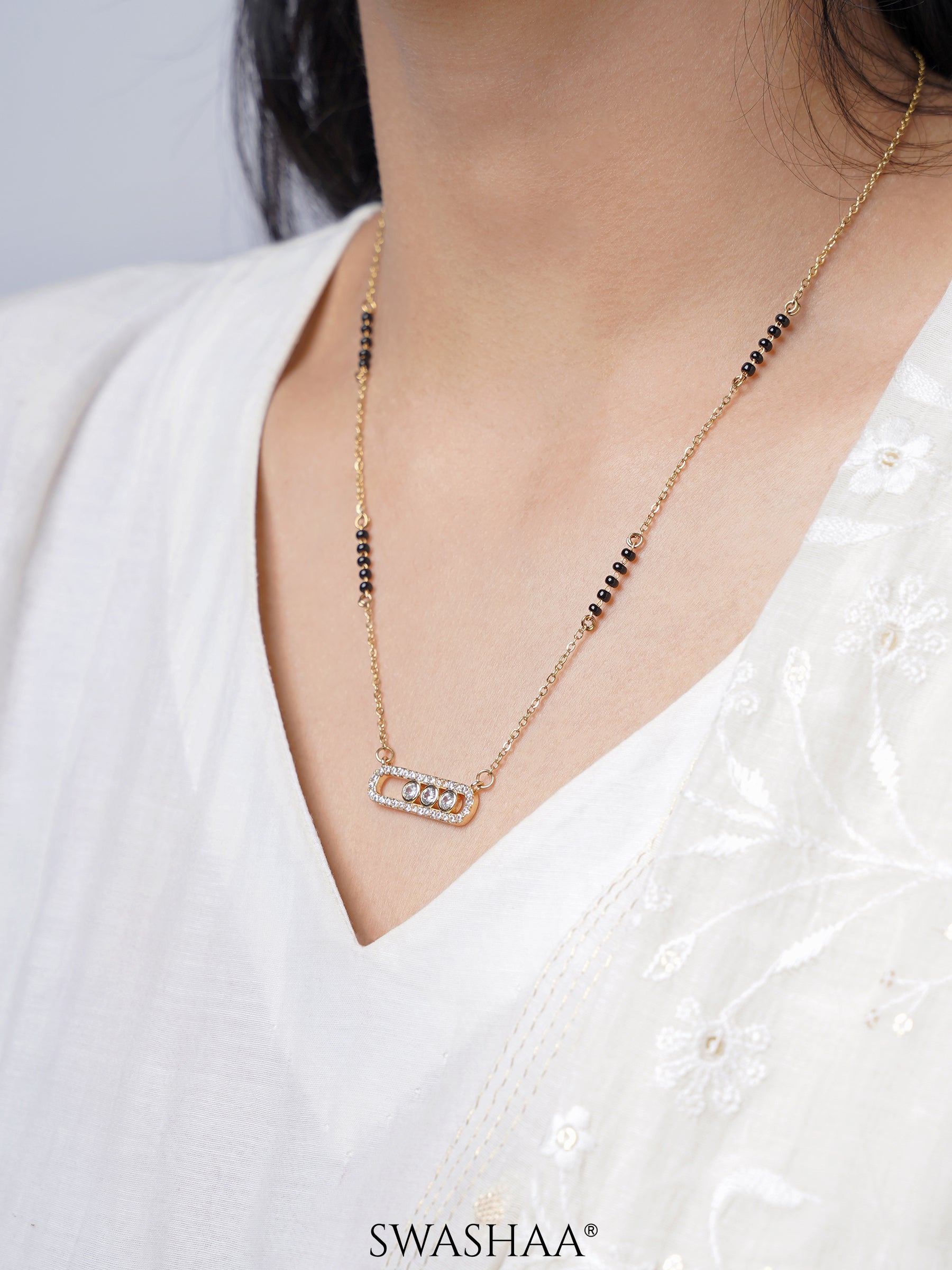Kaela Geometric Diamond Oval Frame 14K Gold Plated Mangalsutra
