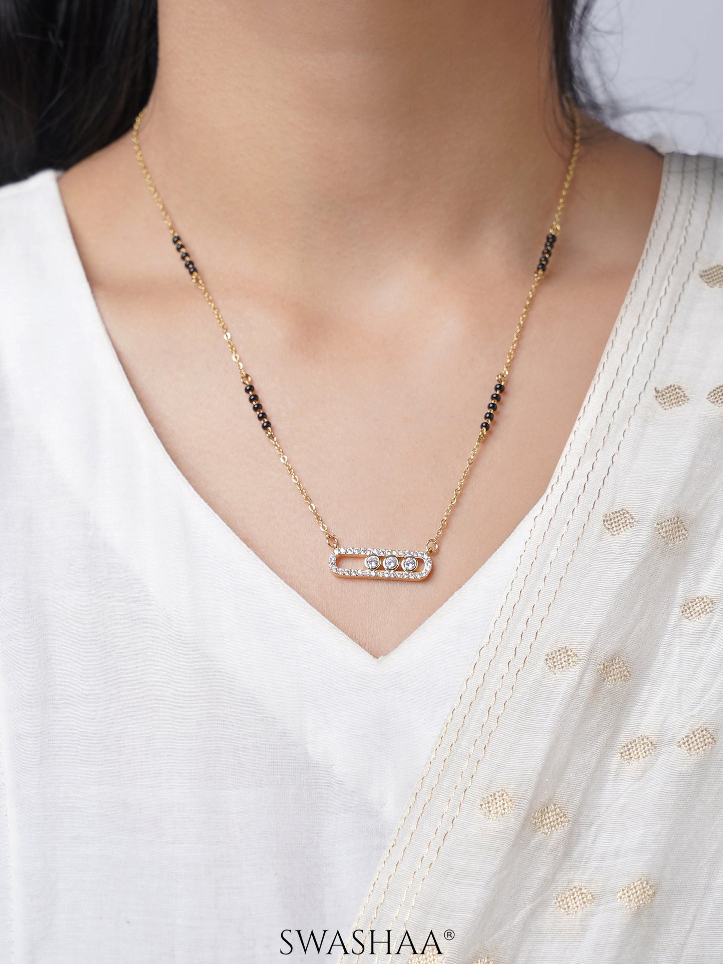 Kaela Geometric Diamond Oval Frame 14K Gold Plated Mangalsutra