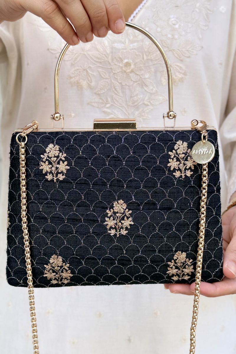 Karim Embroidered Clutch - Black