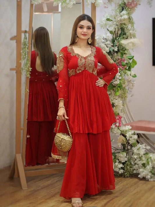 Karwa chauth Special Designed Neck work Red Kurti Sharara Dupatta Set (Ready to Wear) Ethenika.com