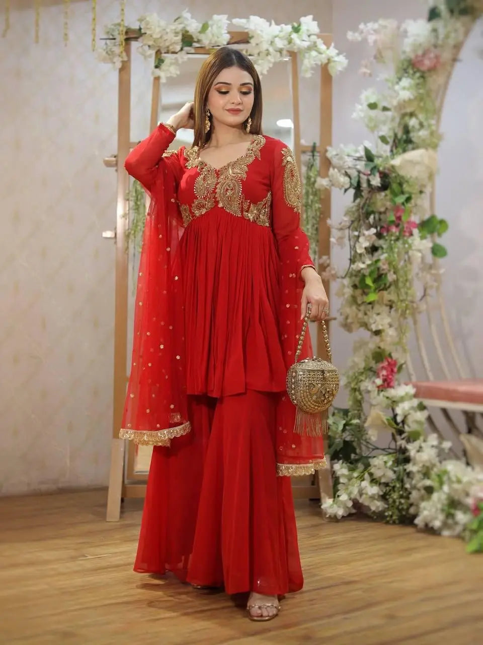 Karwa chauth Special Designed Neck work Red Kurti Sharara Dupatta Set (Ready to Wear) Ethenika.com