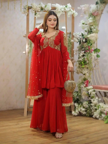 Karwa chauth Special Designed Neck work Red Kurti Sharara Dupatta Set (Ready to Wear) Ethenika.com