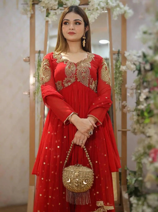 Karwa chauth Special Designed Neck work Red Kurti Sharara Dupatta Set (Ready to Wear) Ethenika.com