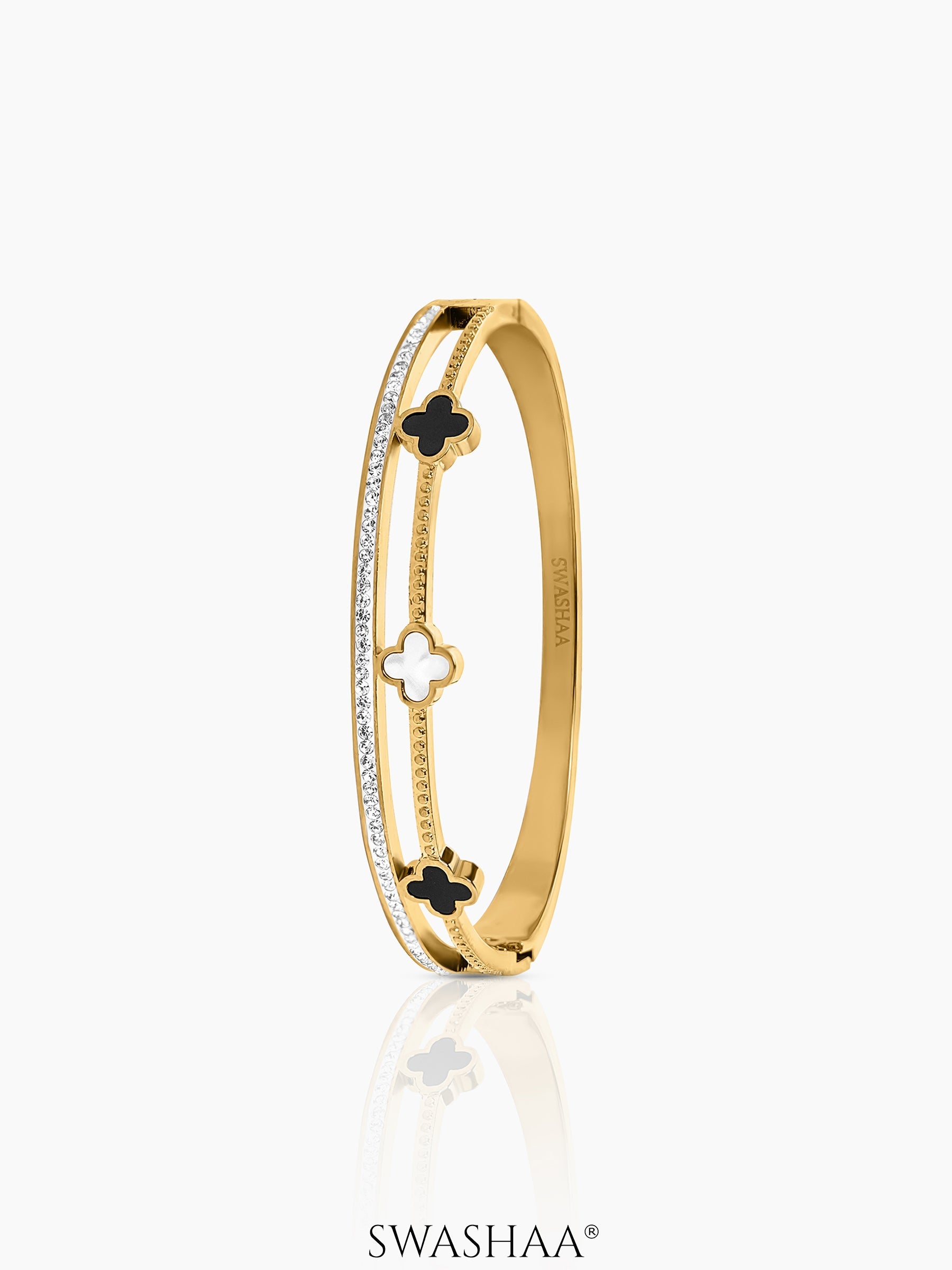 Kinsley Twin Layered Black White Clover Charm Diamond 18K Gold Plated Bracelet