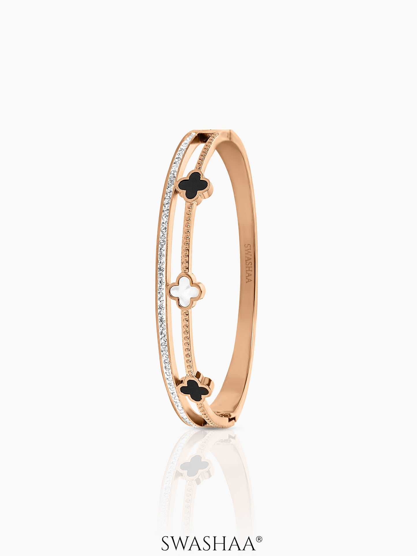 Kinsley Twin Layered Black White Clover Charm Diamond Rosegold Plated Bracelet