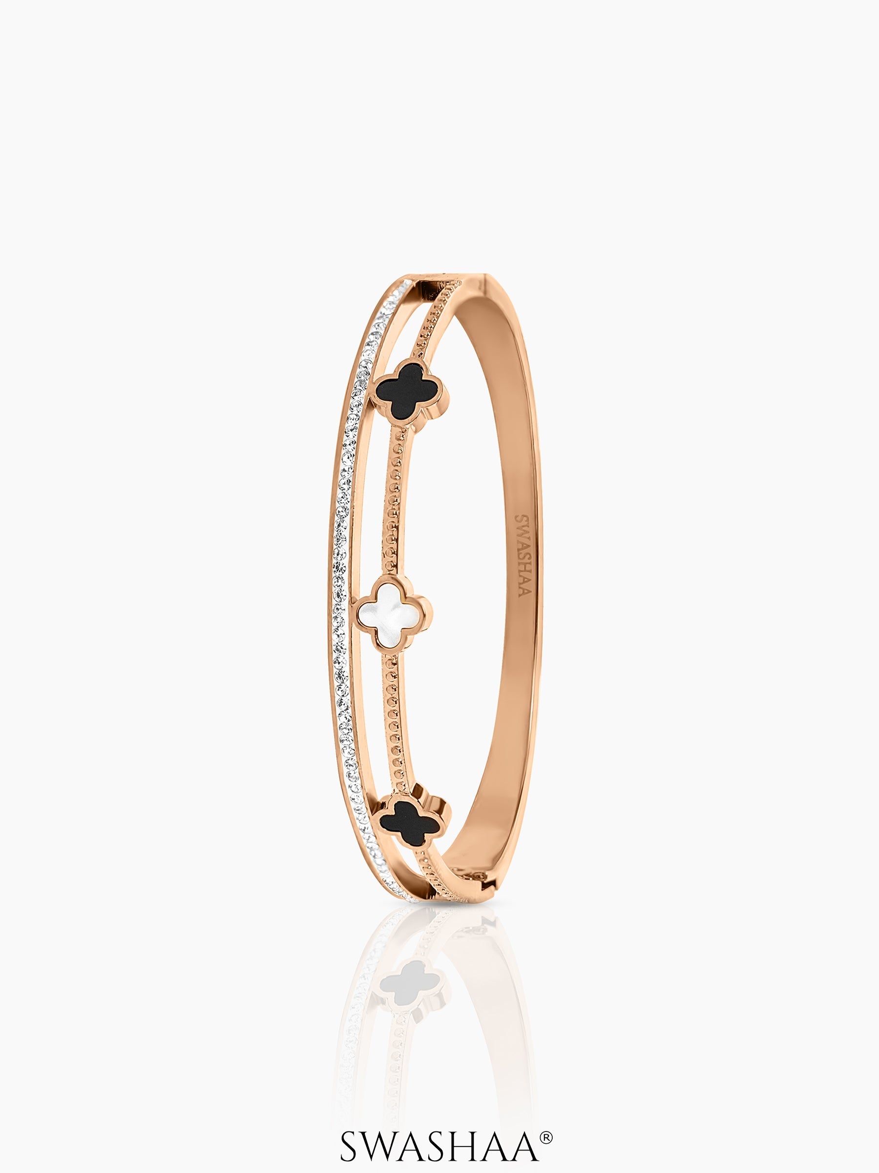 Kinsley Twin Layered Black White Clover Charm Diamond Rosegold Plated Bracelet