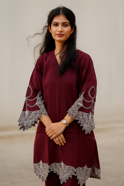 Dark Reddish Purple Kurti With Floral Design For Women & Girls