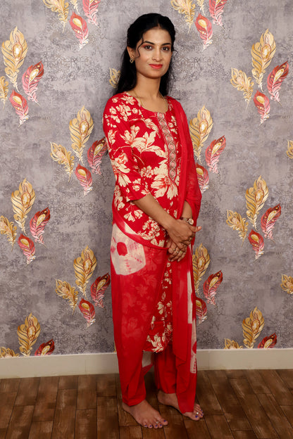 Red & White Floral Print Salwar Kameez With A Solid Dupatta For Women & Girls