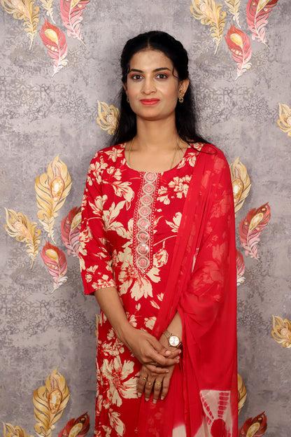 Red & White Floral Print Salwar Kameez With A Solid Dupatta For Women & Girls