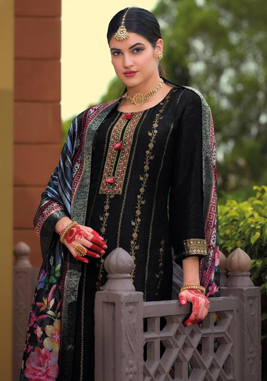 Black Cotton Kurti And Bottom With Digital Printed Dupatta For Women & Girls