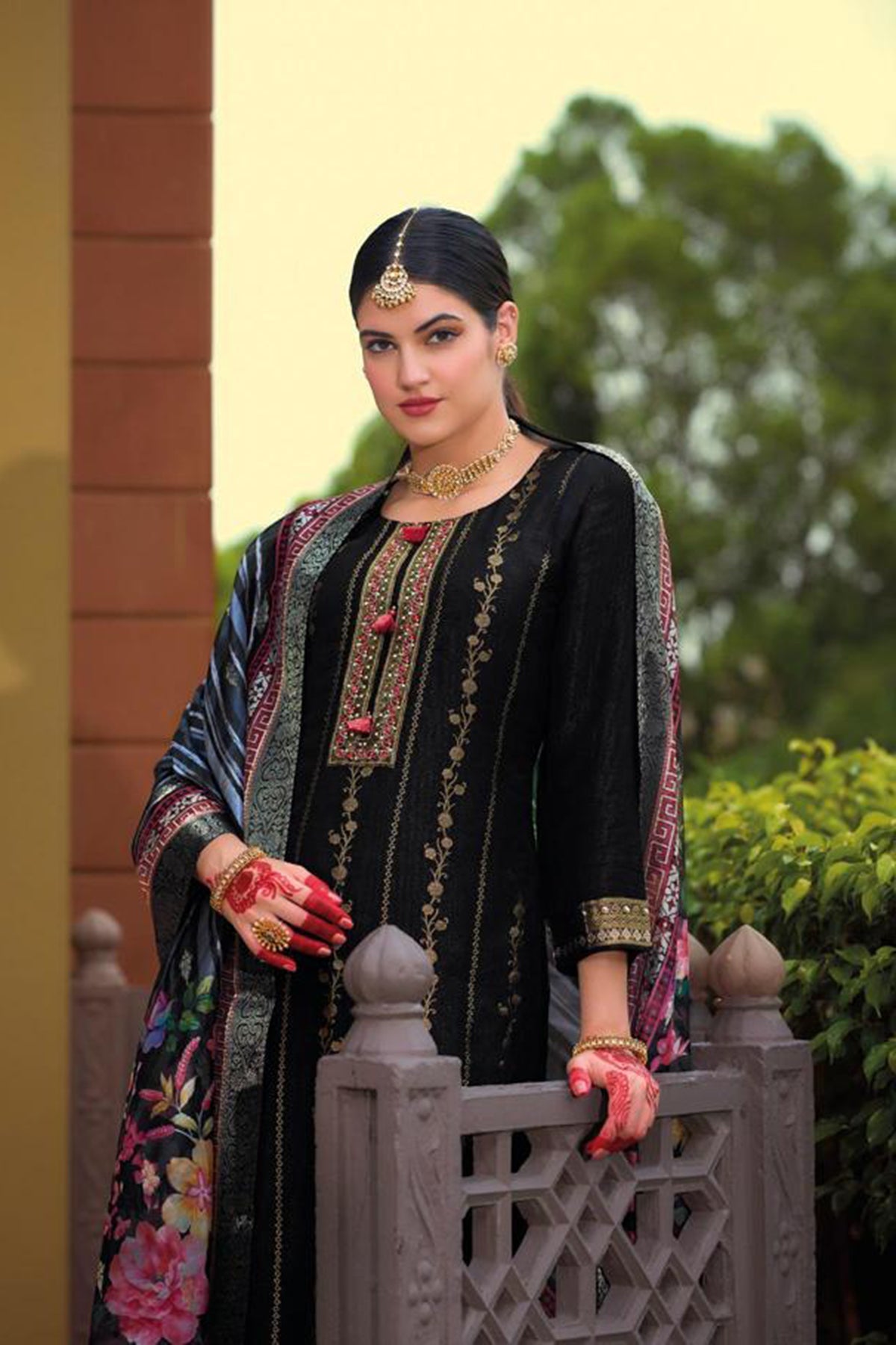 Black Cotton Kurti And Bottom With Digital Printed Dupatta For Women & Girls