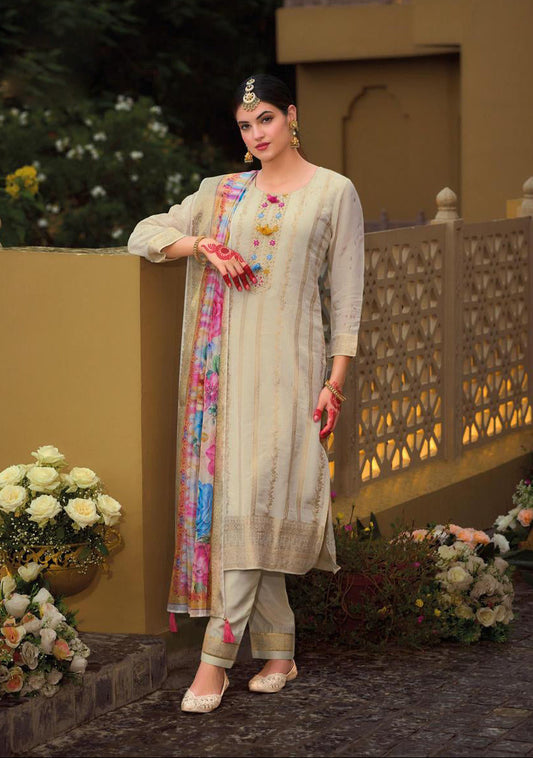 Beige Cotton Kurti And Bottom With Digital Printed Dupatta For Women & Girls