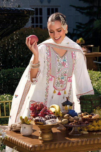 White Embroidery Work Cotton Kurti And Bottom With Cotton Dupatta For Women & Girls