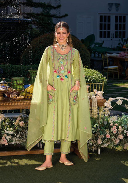 Green Embroidery Work Cotton Kurti And Bottom With Cotton Dupatta For Women & Girls