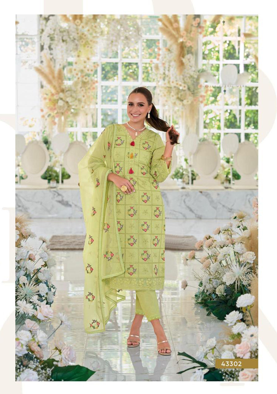 Light Green Embroidery Work Cotton Kurti And Bottom With Cotton Dupatta For Women & Girls