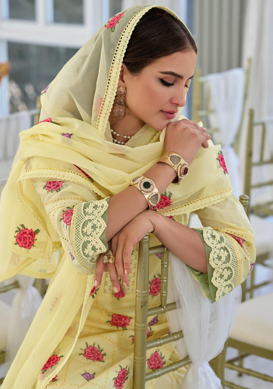 Yellow Embroidery Work Cotton Kurti And Bottom With Cotton Dupatta For Women & Girls