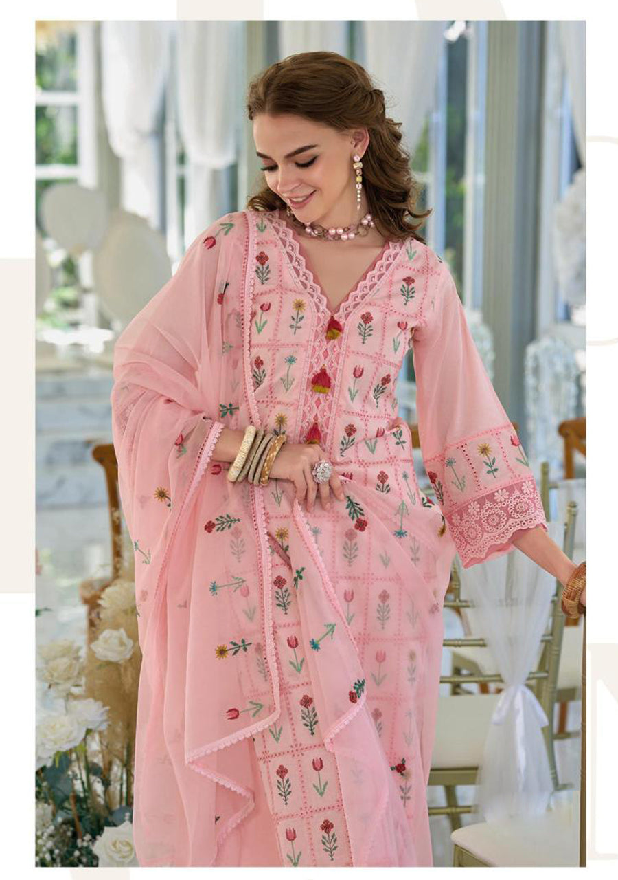 Pink Embroidery Work Cotton Kurti And Bottom With Cotton Dupatta For Women & Girls